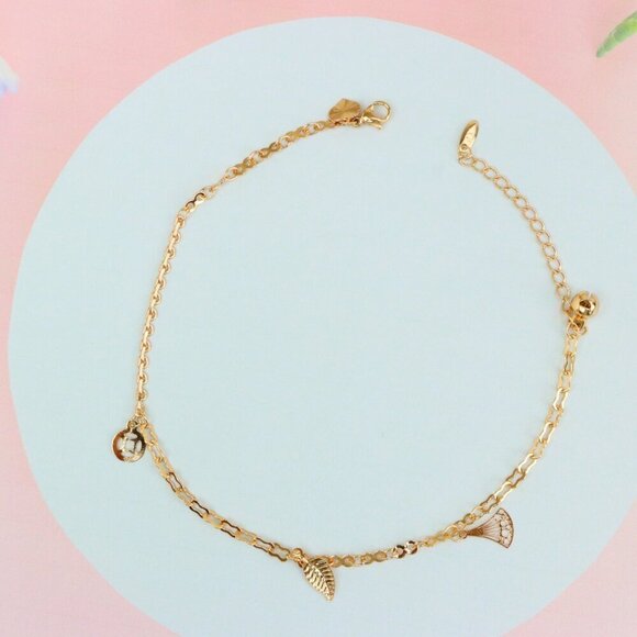 "Rose Gold Plated Dual Chain Anklet with Leaf and Fan Charms, XPAL1194 - Picture 4 of 12